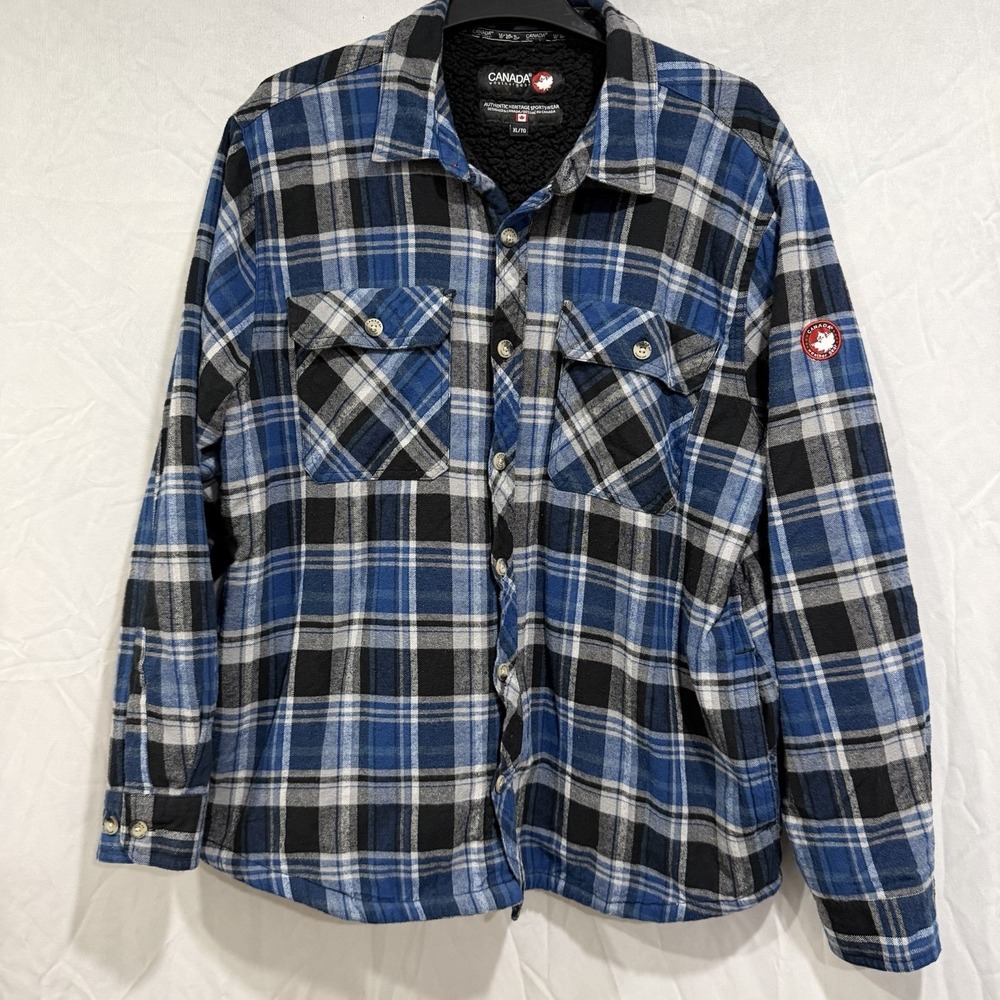 Canada Weather Gear Sherpa-Lined Flannel Shirt Jacket XL Plaid Blue Pockets